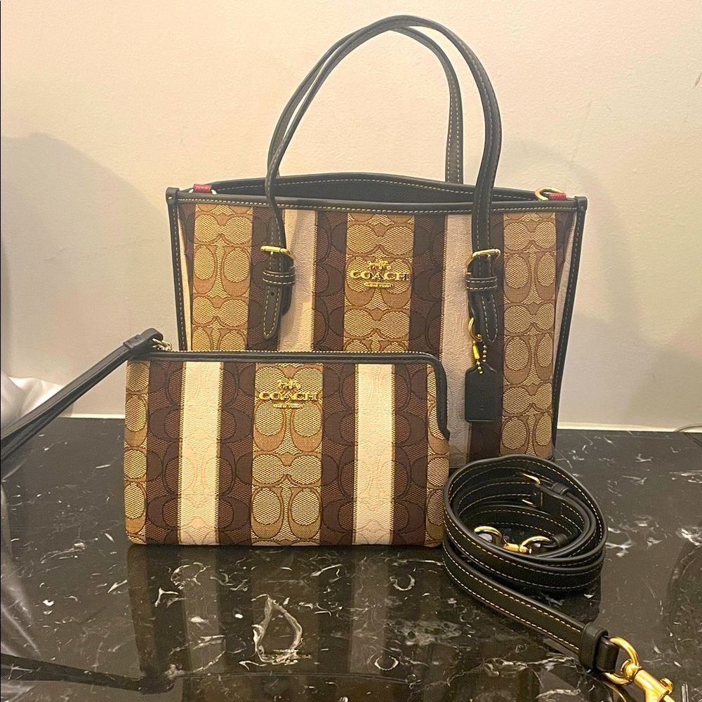 NWT & NWOT Coach Brown/ Cream Stripe Mollie 25 Tote C8416 with Matching Wallet!